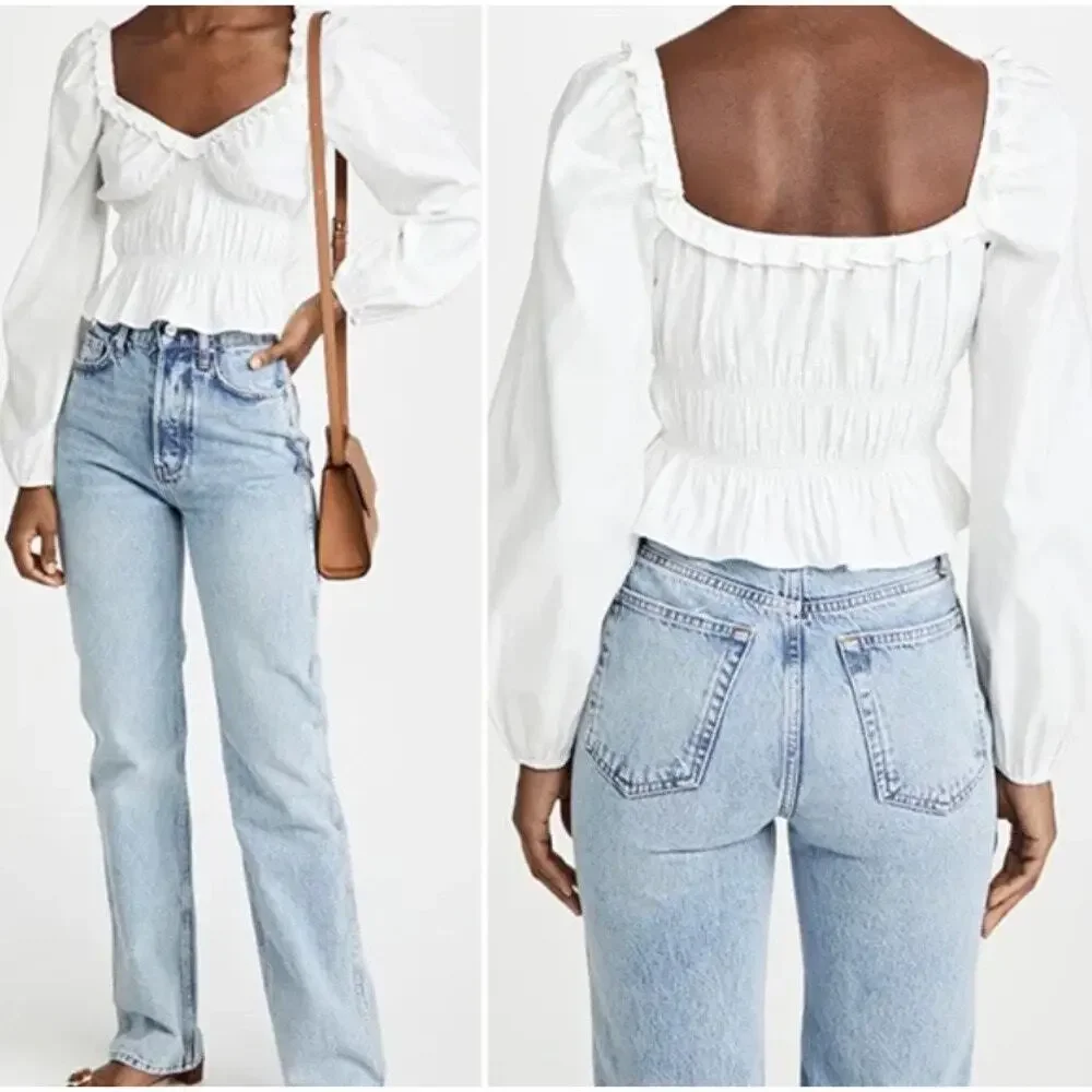 Reformation Fern White Poplin Peplum Long Sleeve Top Sz. S